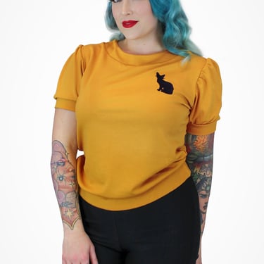 Embroidered Cat Mustard Yellow Blouse XS-3XL 