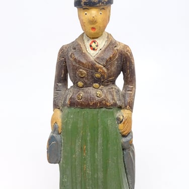 Antique Hand Carved Wood Mary Poppins, British Sculpture,  Hand Painted Folk Art Wooden Carving 