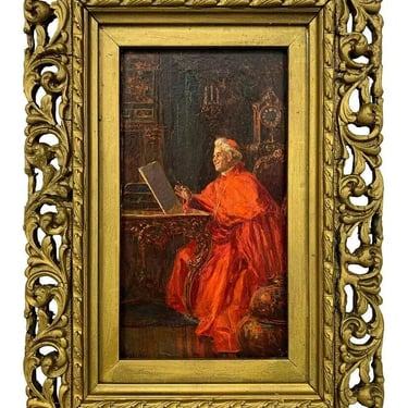 Antique Painting, European Oil on Wood, Cardinal Painting, Gold Frame!