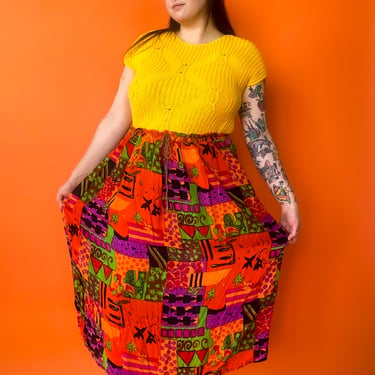 1990s Bright Orange Geometric Skirt, sz. 2XL