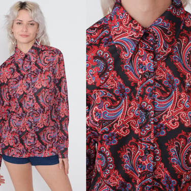 70s Disco Shirt Abstract Paisley Print Blouse Button up Top Long Sleeve Pointed Collar Retro Hippie Black Red Blue Vintage 1970s Medium M 