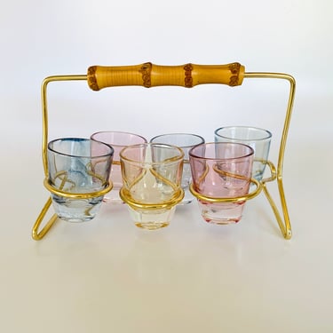 50s Vintage Shot Glass Set Holder Bamboo Handle Barware Mid Century 