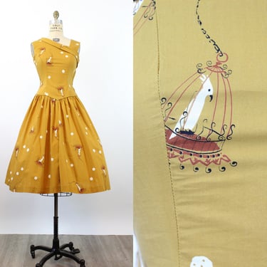 1950s BIRDCAGE novelty print one strap dress small  | new spring 