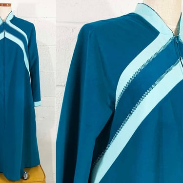Vintage Teal Blue Velvet Robe Zip Front Maxi Long Sleeve Vassarette 1970s 70s Boho Chevron Costume Halloween PJs Pajamas Housecoat Large XL 