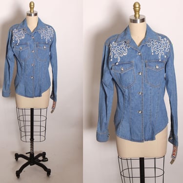 Deadstock Late 1980s Early 1990s Denim Long Sleeved Bedazzled Rhinestone Pearl Bling Button Up Blouse by Monique Fashions -M 