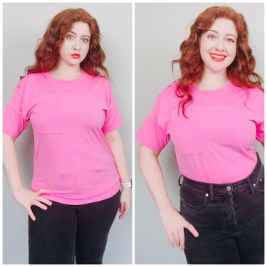1980s Vintage Bubblegum Pink Pocket Tee / 80s Poly Cotton Short Sleeve Knit T-Shirt / Large - XL 