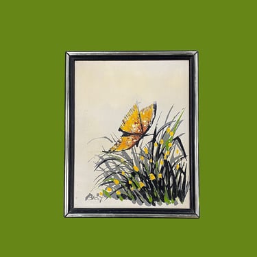 Vintage Butterfly Painting 1980s Retro Size 16x13 Bohemian + Monarch + Yellow Flowers + Acrylic + Stretched Canvas + Home + Wall Decor + Art 
