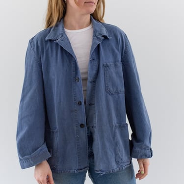 Vintage Blue Sun Faded Chore Jacket | Unisex Herringbone Twill Cotton Utility Work Coat | L | FJ067 