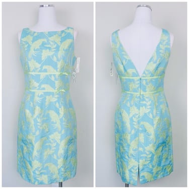 1990s Y2K Carmen Marc Valvo Blue and Green Bird Print Dress / 90s Vintage Ribbon Brocade Designer Wiggle Dress / Medium 