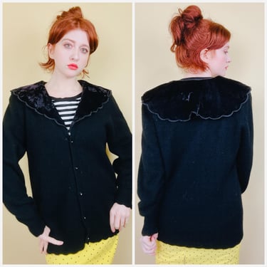 1980s Vintage Carducci Lambswool / Angora Cardigan / 80s Cottage Core Scalloped Velvet Collar Sweater / XL 