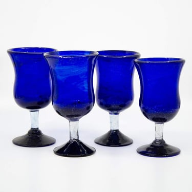 1980's Mexican Sea Glass Hand-Blown Royal Blue Hurricane Glasses Set of 4 