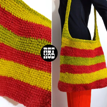 Bright & Happy Vintage 70s 80s Chartreuse Yellow Red Stripe Woven Shoulder Bag 