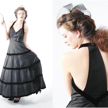 1940s Black Taffeta and Velvet Halter Dress / 1940s Evening Gown / Size Medium 
