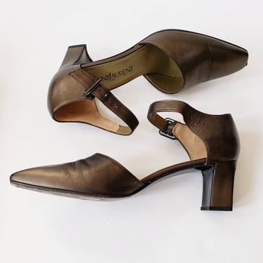 1990s Yves Saint Laurent Metallic Mary Jane Shoes Platinum Bronze / 90s Designer YSL Pointy Toe Ankle Strap Shoes / 6.5 