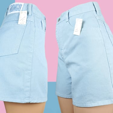 80s 90s BONGO shorts. Deadstock vintage. Powder blue, ultra high rise, 5 pocket, dyed denim. (28 x 4) 
