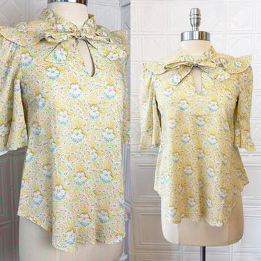 Vintage Early 1970s Cotton Blouse by Radley of London Butter Yellow Floral with Ruffled Collar/ 70s Summer Blouse Floral England XS 