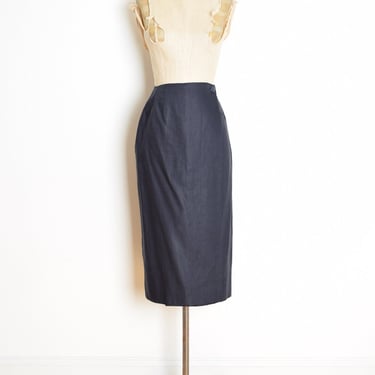 vintage 90s wrap skirt navy blue linen high waisted pencil secretary simple M clothing 
