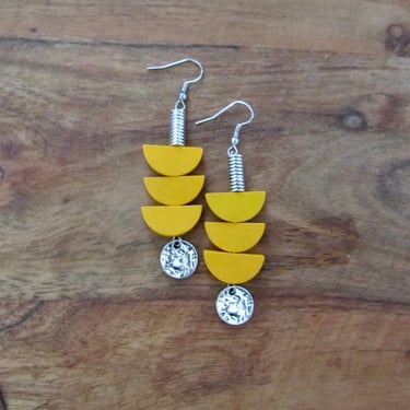 Yellow wooden earrings, mid century modern earrings, unique pagoda earrings, silver 