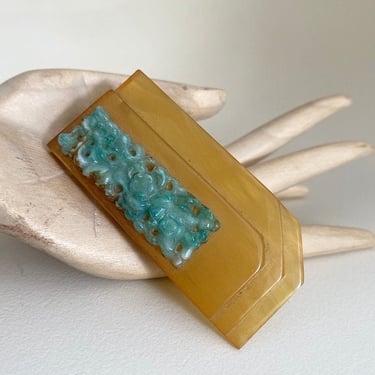 Art Deco Antique 1930s large Bakelite & green Celluloid Geometric Dress clip brooch by BakeliteBa