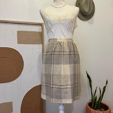 Vintage 90s Jones New York Cream Neutral Wool Plaid Print Wrap Mini Skirt 