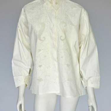 antique teens 1920s white linen embroidered button down shirt S-L 