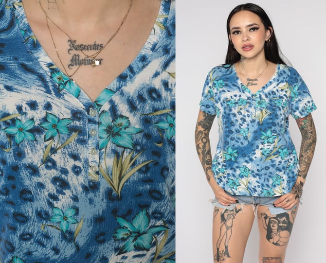 Tropical Blouse Floral Shirt Y2K Blue LEOPARD Button Up Shirt Animal Print Top Jungle V Neck 00s Henley Top Surfer Short Sleeve Small S 