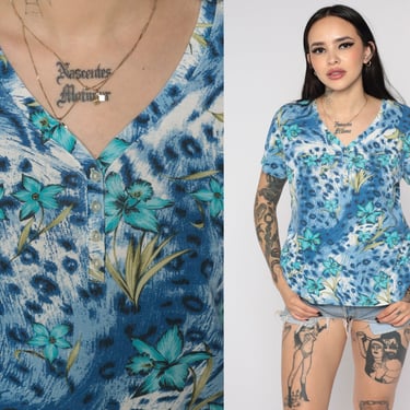 Tropical Blouse Floral Shirt Y2K Blue LEOPARD Button Up Shirt Animal Print Top Jungle V Neck 00s Henley Top Surfer Short Sleeve Small S 