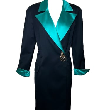 1980s Genny Wool w/Silk Green Lapel Dress with Gold Hardware