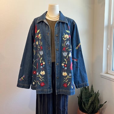 Vintage 90s The Quacker Factory Denim Embroidered Beaded Floral Jacket Size 2X 