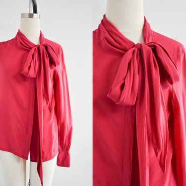 Vintage Raspberry Red Silk Tie Neck Blouse 