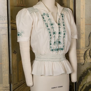 MEMORIAL WEEK SALE - Fantastic Vintage 40s Green Embroidered White Nylon Peasant Blouse with Shirred Waist - Item #47 
