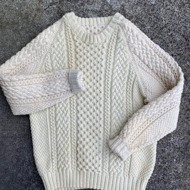 Vintage nubby wool pullover sweater hand knit cable knit chunky boxy preppy fisherman style beige natural unisex androgynous size Large 