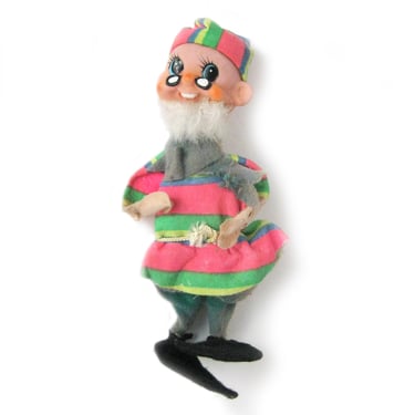 Vintage Grandpa Shelf Elf with Rubber Face, Eyeglasses and Beard, Retro Christmas Decor, Hot Pink and Green Striped Top, Made in Japan Tag 