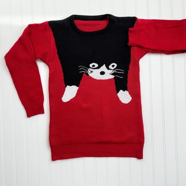 red cat sweater 80s 90s vintage black tuxedo cat novelty print sweater 