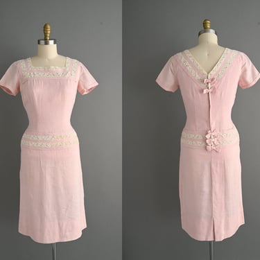 Vintage 1950s Dress | PaT Parnes Pink Linen Lace Wiggle Dress | Medium 