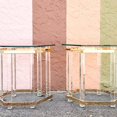 Pair of Charles Hollis Jones Style Brass and Lucite Side Tables