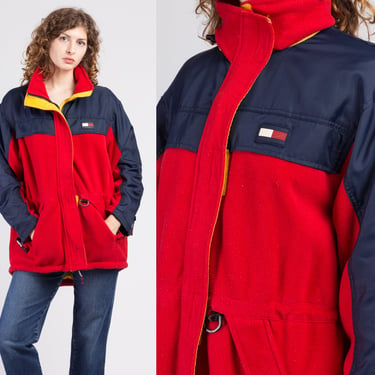 90s Tommy Hilfiger Fleece Jacket - Men's Small | Vintage Red Zip Up Striped Logo Lightweight Hooded Coat 