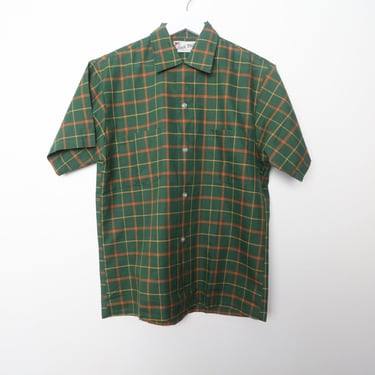 vintage 60s 70s plaid green short sleeve button up mid century mens top --- size small 