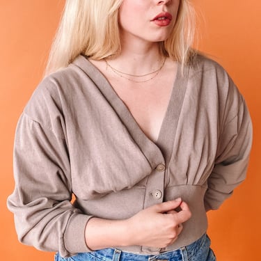 1980s Taupe Cropped Cardigan, sz. M/L