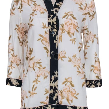 Ganni - White &amp; Tan Floral Kimono Inspired Button Front Blouse Sz 2