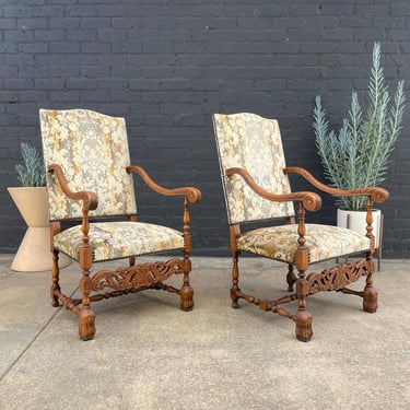 Pair of Italian Baroque Style High-Back Arm Chairs, 1970’s 