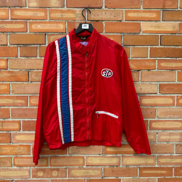 vintage 60s red racing stripe stp windbreaker jacket / l large 