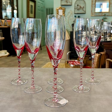 Pier One Red Swirl Line Champagne Flutes - Set of 7 