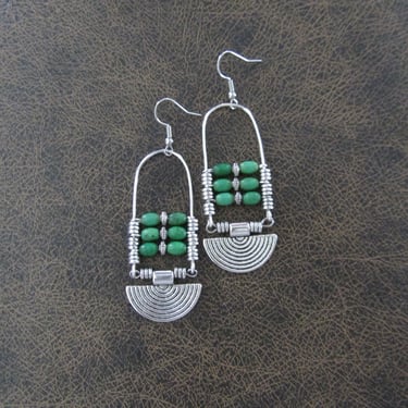 Green magnesite stone and silver ethnic statement earrings 