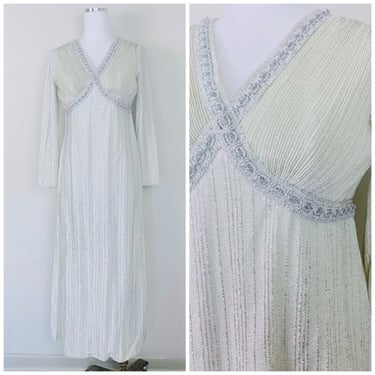 1970s Vintage Lurex Silver Long Sleeve Maxi Dress / 70s / Seventies Metallic Beaded Pleated Bust Dress / Size Medium 