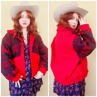 1990s Vintage Woolrich Woman Red and Blue Bomber Jacket / 90s Snowflake Fair Isle Western Coat / Large 