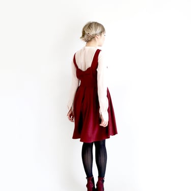 JANUARY | burgundy bridesmaid dress with bow + pockets. 1960s mod retro vintage style dark berry red party dress. formal prom homecoming 