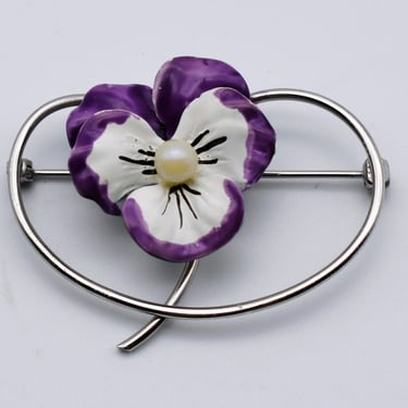 Mid-Century Beau sterling enamel pansy pin, unusual colorful 60's 925 silver flower on stalk brooch 