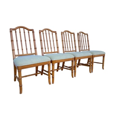 Set of 4 Hollywood Regency Dining Chairs by Dixie - Vintage Coastal Faux Bamboo Wood Furniture 