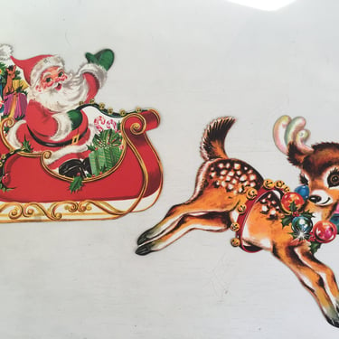 Vintage Christmas Die Cuts, Kitsch Reindeer With Santa In Sleigh 
